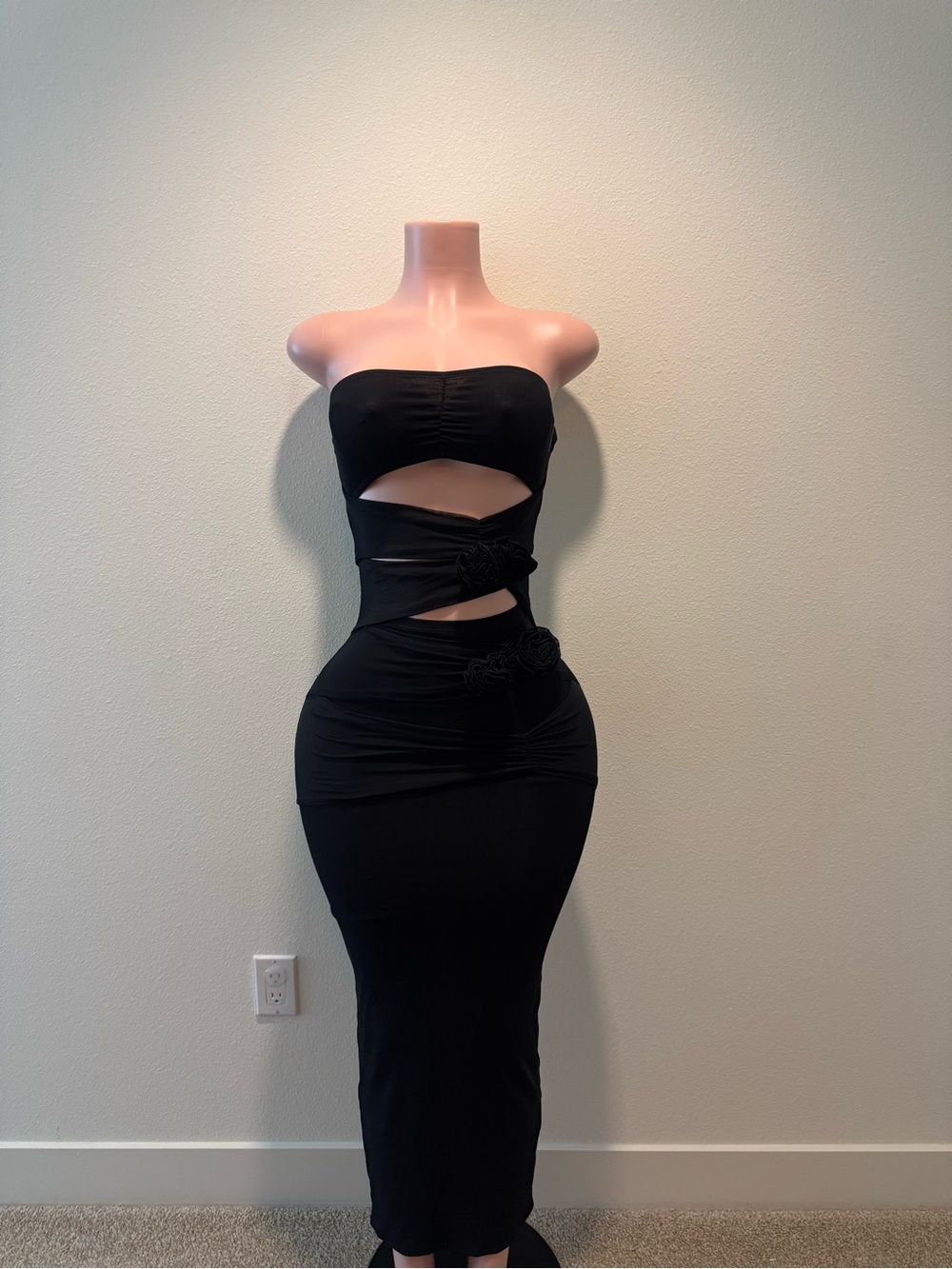 Strapless Black Cutout Midi Dress with Floral Accents